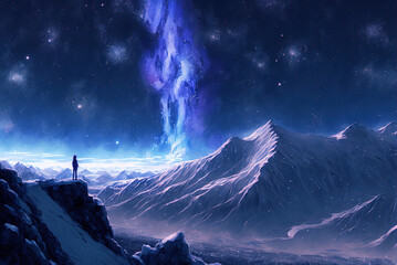 Journey at Wild Nature. Clear Sunny day, Sky with Movie Atmosphere and Wonderful Cloud, Beautiful Colorful Landscape, Anime Comic Style Art. For Poster, Novel, UI, WEB, Game, Design