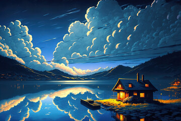 Sweet Home at serene Paradise. Clear Sunny day, Sky with Movie Atmosphere and Wonderful Cloud, Beautiful Colorful Landscape, Anime Comic Style Art. For Poster, Novel, UI, WEB, Game, Design