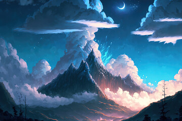 Journey at Wild Nature. Clear Sunny day, Sky with Movie Atmosphere and Wonderful Cloud, Beautiful Colorful Landscape, Anime Comic Style Art. For Poster, Novel, UI, WEB, Game, Design