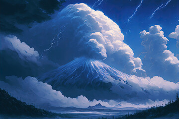 Journey at Wild Nature. Clear Sunny day, Sky with Movie Atmosphere and Wonderful Cloud, Beautiful Colorful Landscape, Anime Comic Style Art. For Poster, Novel, UI, WEB, Game, Design