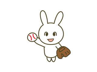 ボールとグローブを持って野球をするポップなうさぎ_背景無地