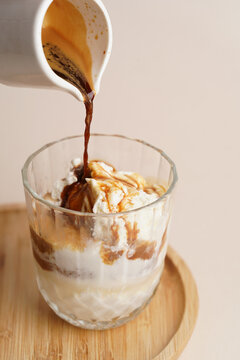 Affogato coffee with ice cream on a glass