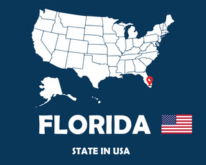 Fototapeta na wymiar Florida state of USA text design with America flag and white silhouette map.