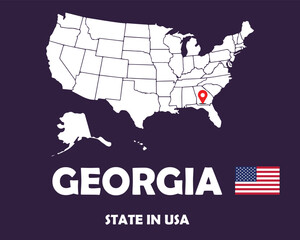 Georgia state of USA text design with America flag and white silhouette map.