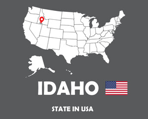 Fototapeta na wymiar Idaho state of USA text design with America flag and white silhouette map.