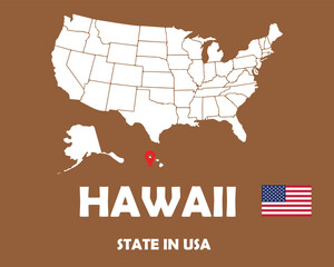 Fototapeta na wymiar Hawaii state of USA text design with America flag and white silhouette map