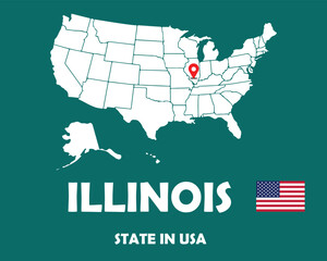 Fototapeta na wymiar Illinois state of USA text design with America flag and white silhouette map.