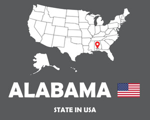 Fototapeta na wymiar Alabama state in USA text design with USA flag and white silhouette map.