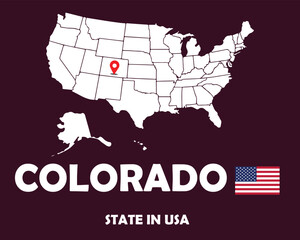 Colorado state of USA text design with America flag and white silhouette map.