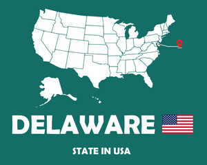Fototapeta na wymiar Delaware state of USA text design with America flag and white silhouette map.