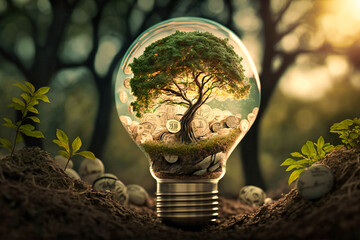 A lightbulb filled with trees and money represents green energy investment and the growth of sustainable technologies