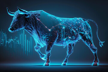 Bull’s stock market graph in blue. Postproducted generative AI illustration.