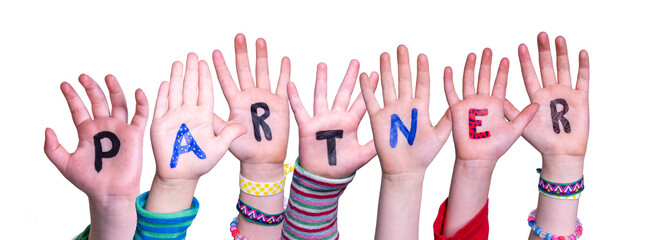 Children Hands Building Word Partner, White Background