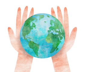 地球と両手の水彩画イラスト/アースデー/アフリカ大陸/ヨーロッパ大陸/ユーラシア大陸/アメリカ大陸