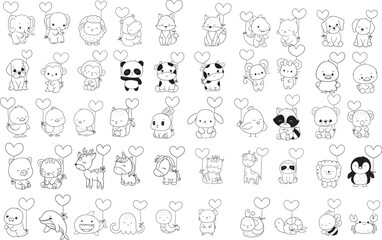 Animals Cartoon With Valentine Bundle,love Big collection of decorative,valentine kids,baby characters, wedding,card,hand drawn, cartoon style.vector illustration	
