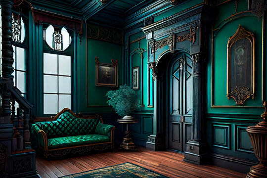 Gothic Scary Exclusive Interior.  Dreadful Appalling Unique Room with Ornamental Woodwork in Green and Black. Generative AI