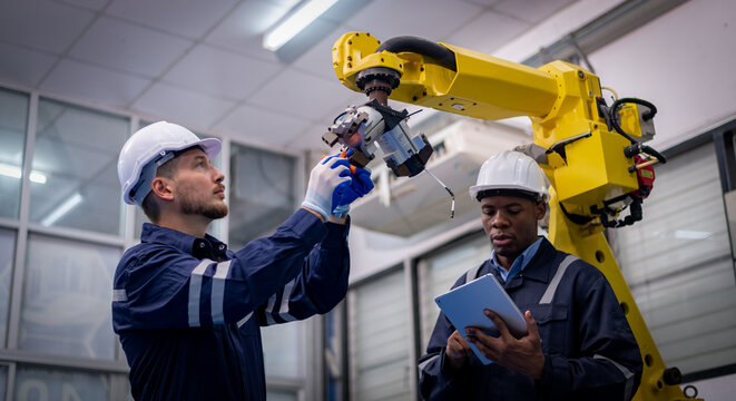 Engineer factory industry wearing safety uniform work and checking system of the welding robots for welding steel electrical by control system robot automate for industry manufacture concept.