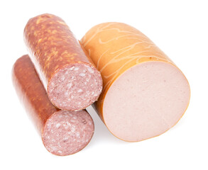 boiled and smoked sausage isolated on white background