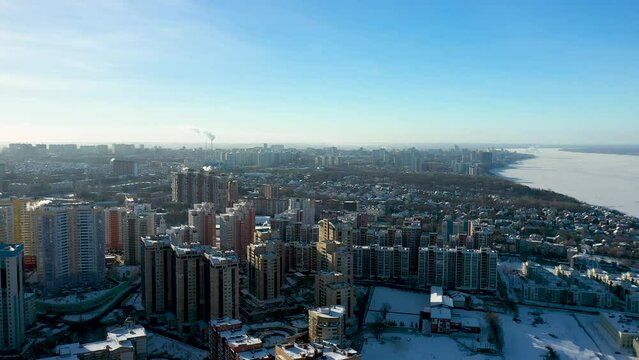 Winter Russian city view from a drone. City Samara 4K