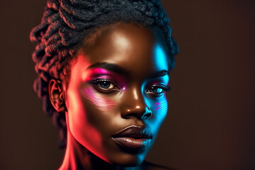 Naklejka na ściany i meble Fashion portrait beautiful black woman in neon studio lighting. Generative AI illustration