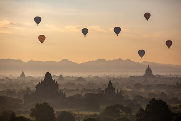 Flying hot air balloons in Bagan, Myanmar