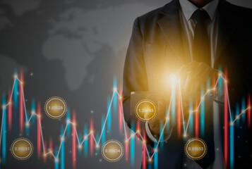 Businessman Hand Finger Touch Tablet Screen and Color Stock Market Graph and Number Value