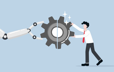 Human and machine collaboration, working with AI, integrating artificial intelligence into work flow concept, Businessman and robotic hand connecting cogwheel gear pieces to complete.
