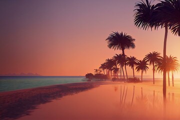 Palm trees on a beach with the blue ocean in the background in the sunrise. Generative AI