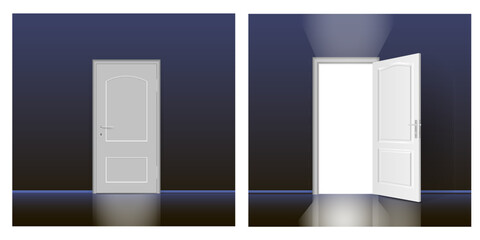 The interior of an empty dark room with a white door.
Free space for copying, 3d image.