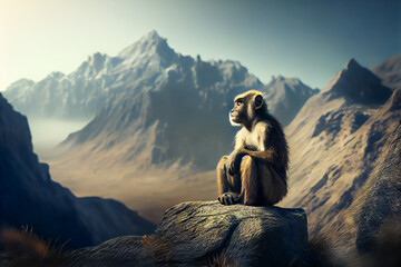 Monkey Contemplating the Splendid Mountain Landscape. Generative AI