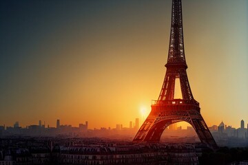 Fototapeta na wymiar Eiffel Tower against sunrise in Paris, France. Generative AI