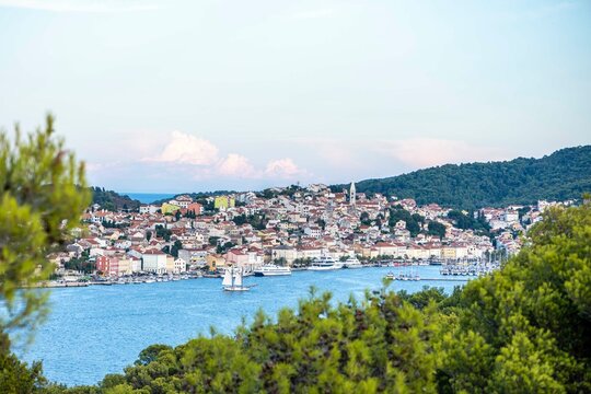 Panorama of Mali Losinj in the summer from the Vela Straza hill, Croatia
