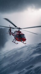 Rescue chopper during blizzard in the sky. Gen AI