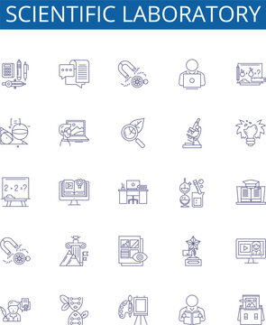 Scientific laboratory line icons signs set. Design collection of Scientific, Laboratory, Testing, Research, Instruments, Experiments, Chemicals, Analysis outline concept vector illustrations