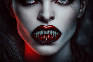 portrait of woman vampire monster with fangs. Generative AI illustration - obrazy, fototapety, plakaty
