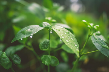 Beautiful plants with dew drops in nature on rainy morning in garden, selective focus. Image in green tones. Spring summer natural background