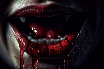 female vampire open mouth with fangs in blood. Generative AI illustration - obrazy, fototapety, plakaty