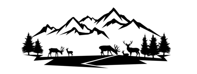 Rollo Black silhouette of deer mountains peaks and forest fir trees camping landscape mountain peak panorama illustration icon vector for logo, isolated on white background.. © Corri Seizinger
