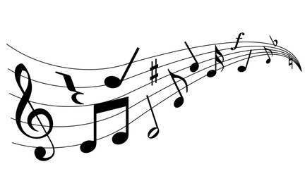 メロディーが流れる、譜面のウェーブ。ト音記号と音符の楽譜イラスト。