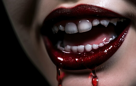 Mouth Of A Vampire Woman With Teeth And Fangs In Blood. Generative AI Illustration