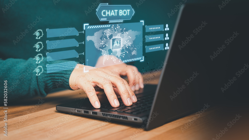 Poster Chatbot Chat with AI, Artificial Intelligence. Adult man chatting with a smart AI or artificial intelligence using an artificial intelligence chatbot developed, Futuristic technology transformation.