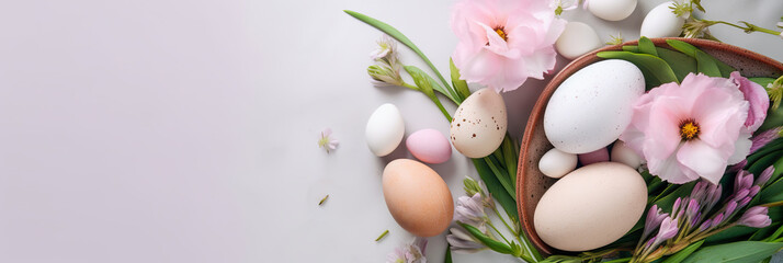 Naklejka na ściany i meble Easter poster and banner template. Spring Easter holiday top view background with eggs in nests and spring flowers. Greetings and presents for Easter Day. Space for text. digital ai 