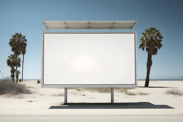 Empty white blank billboard mockup sign on coastal beach southern california palm tree background