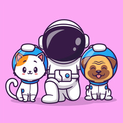 Cute Astronaut With Cat And Pug Dog Cartoon Vector Icon Illustration. Science Animal Icon Concept Isolated Premium Vector. Flat Cartoon Style © catalyststuff