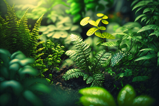 A Close-up View Of Thick Vegetation In A Green Forest