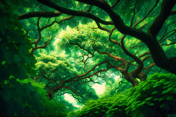 A beautiful green forest canopy with trees reaching for the sky