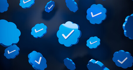 Verification check marks for social media. Blue check on blue background. 3D Illustration © Prathmesh T