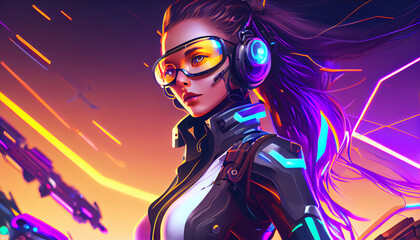 Obraz na płótnie Canvas A beautiful futuristic gamer girl wearing futuristic augmented reality glasses and headphones. Generative AI