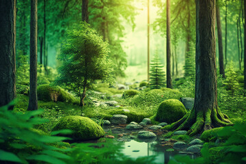 A peaceful green forest with soft light filtering through the trees