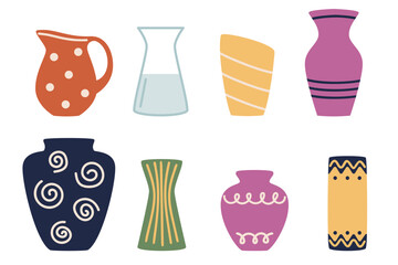 Colored glass and clay vases. Pots for home flowers and plants, for decoration. Jug. A flat-style illustration with hand patterns isolated on a white background. Vector.